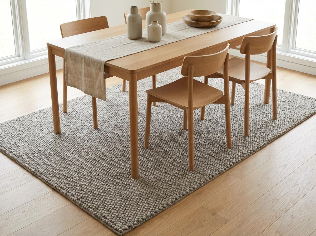 Chunky loop textured neutral area rug with thick yarn in cozy Scandinavian style