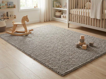 Chunky loop textured neutral rug with thick yarn loops in cozy Scandinavian living room setting