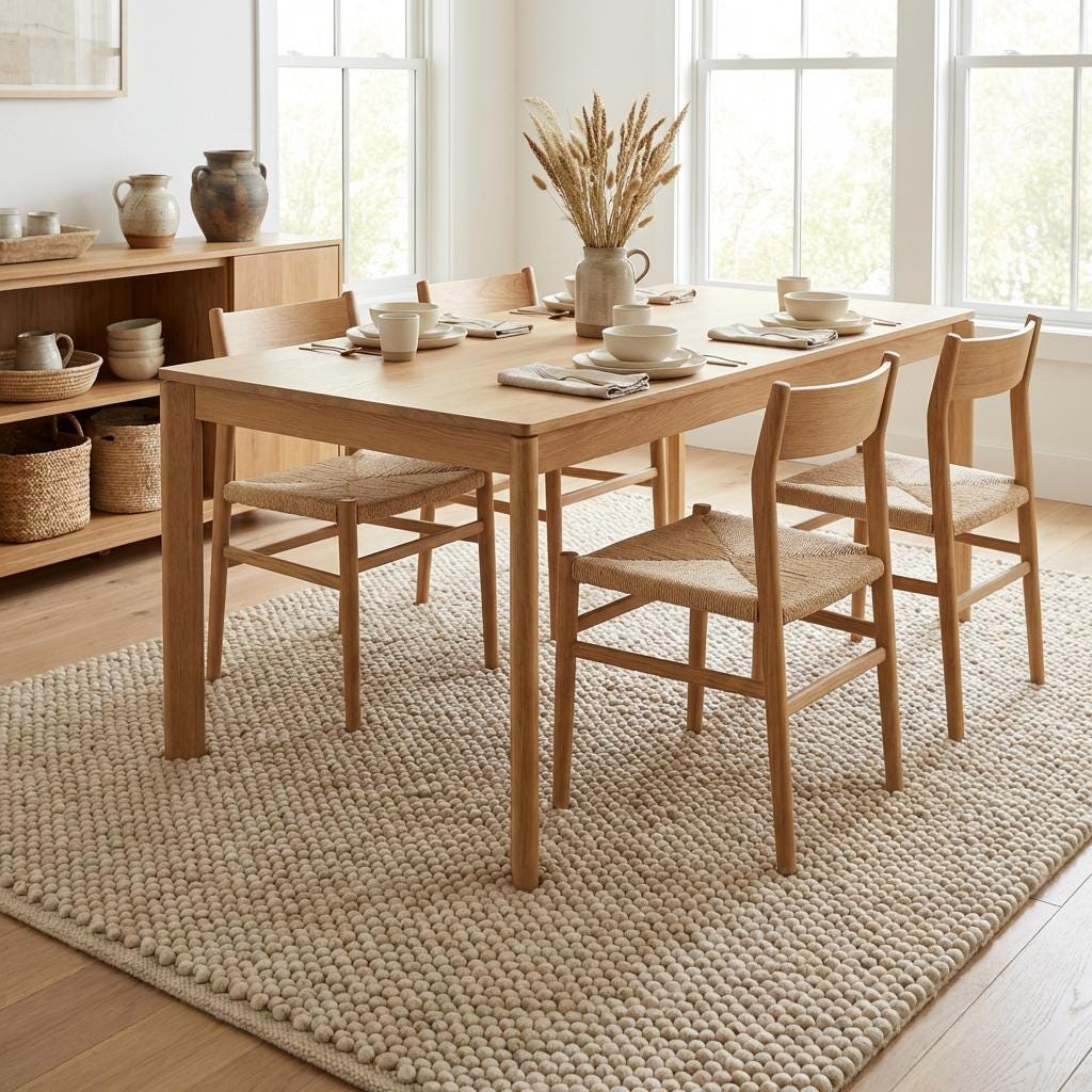 Chunky loop textured neutral area rug with braided edge and plush nubby surface for modern organic interiors