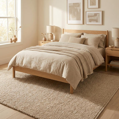 Chunky loop textured neutral area rug with braided edge for cozy modern organic interiors
