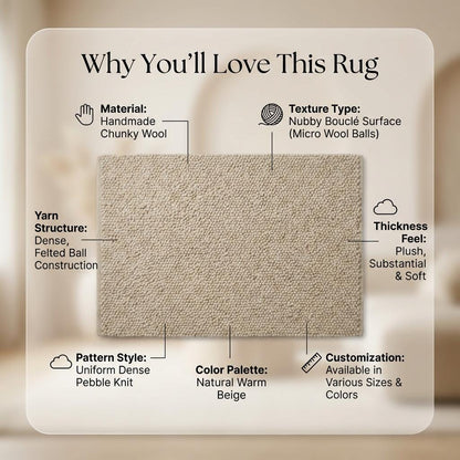 Chunky loop textured neutral area rug with braided edge, plush nubby surface, and cozy organic design
