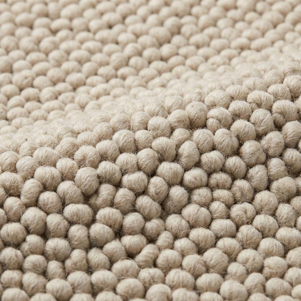 Chunky loop textured neutral area rug with braided edges in a modern organic interior setting