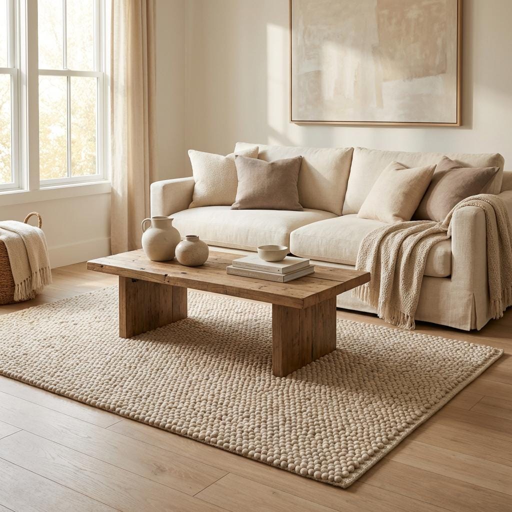 Chunky loop textured neutral rug with braided edge detail in modern organic interior setting