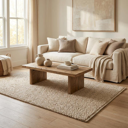 Chunky loop textured neutral rug with braided edge detail in modern organic interior setting