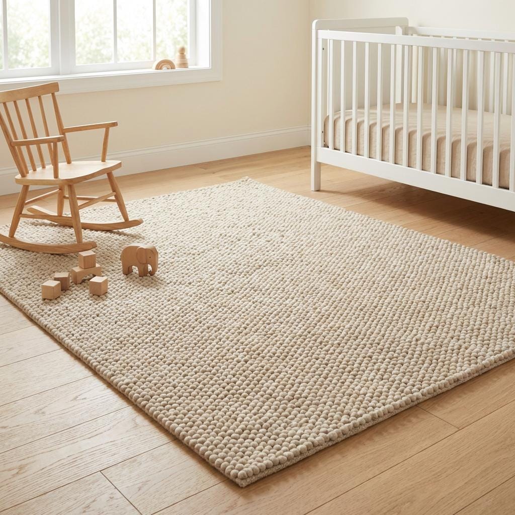 Neutral chunky loop textured rug with braided edges in modern organic style