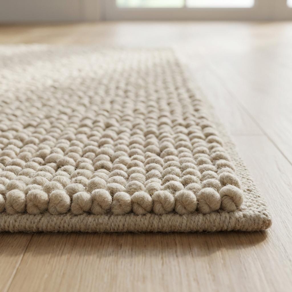 Chunky loop textured neutral rug with braided edge detail in modern organic interior setting