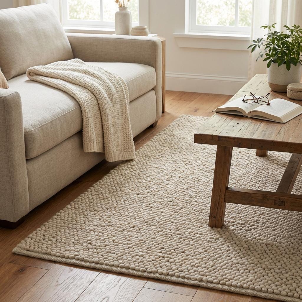 Chunky loop textured neutral rug with braided edge in modern minimalist room