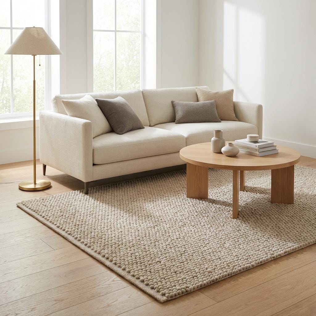Chunky loop textured neutral area rug with braided edge and plush nubby surface for modern cozy floors