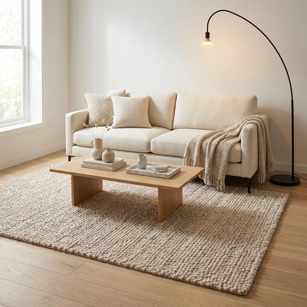Chunky Loop Textured Neutral Area Rug, Thick Cream Minimalist Scandinavian Cozy Organic Rug