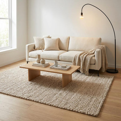 Chunky Loop Textured Neutral Area Rug, Thick Cream Minimalist Scandinavian Cozy Organic Rug