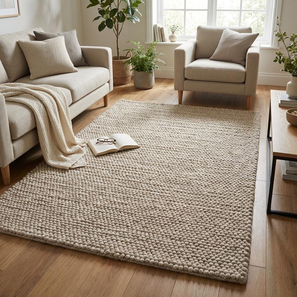 Chunky Loop Textured Neutral Area Rug, Thick Cream Minimalist Scandinavian Cozy Organic Rug