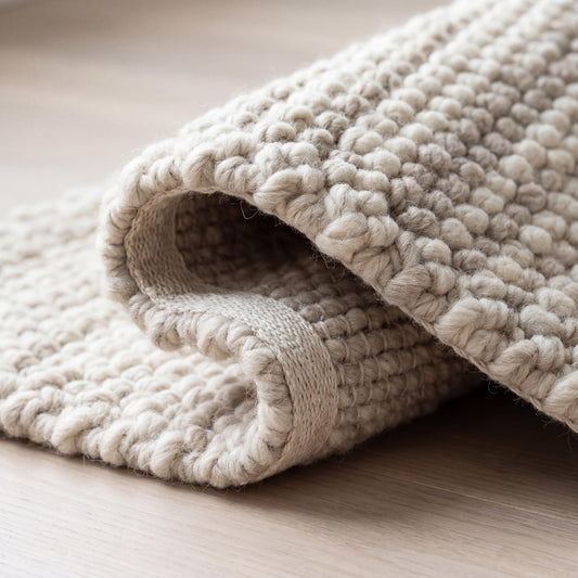 Chunky loop textured cream area rug with thick yarn loops and neutral minimalist design for cozy Scandinavian interiors