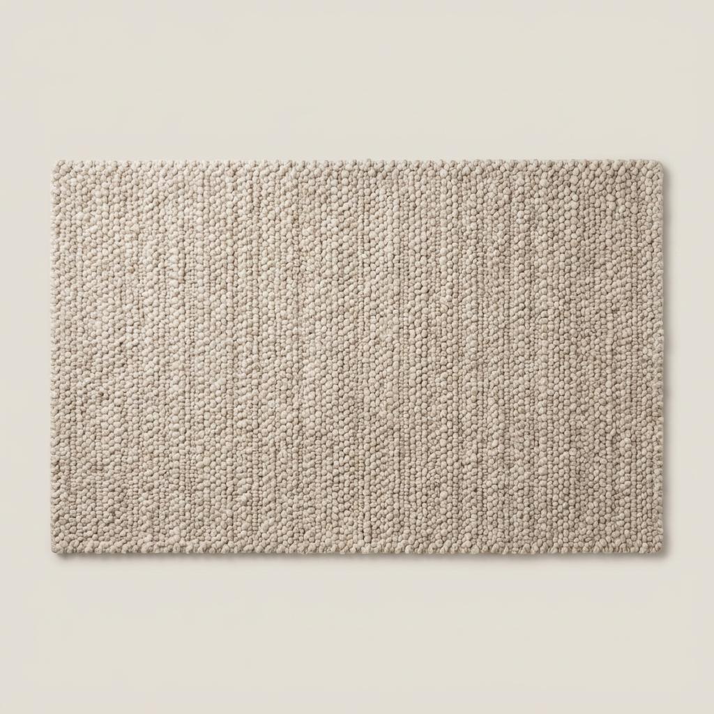 Folded neutral area rug revealing woven backing and thick textured edge