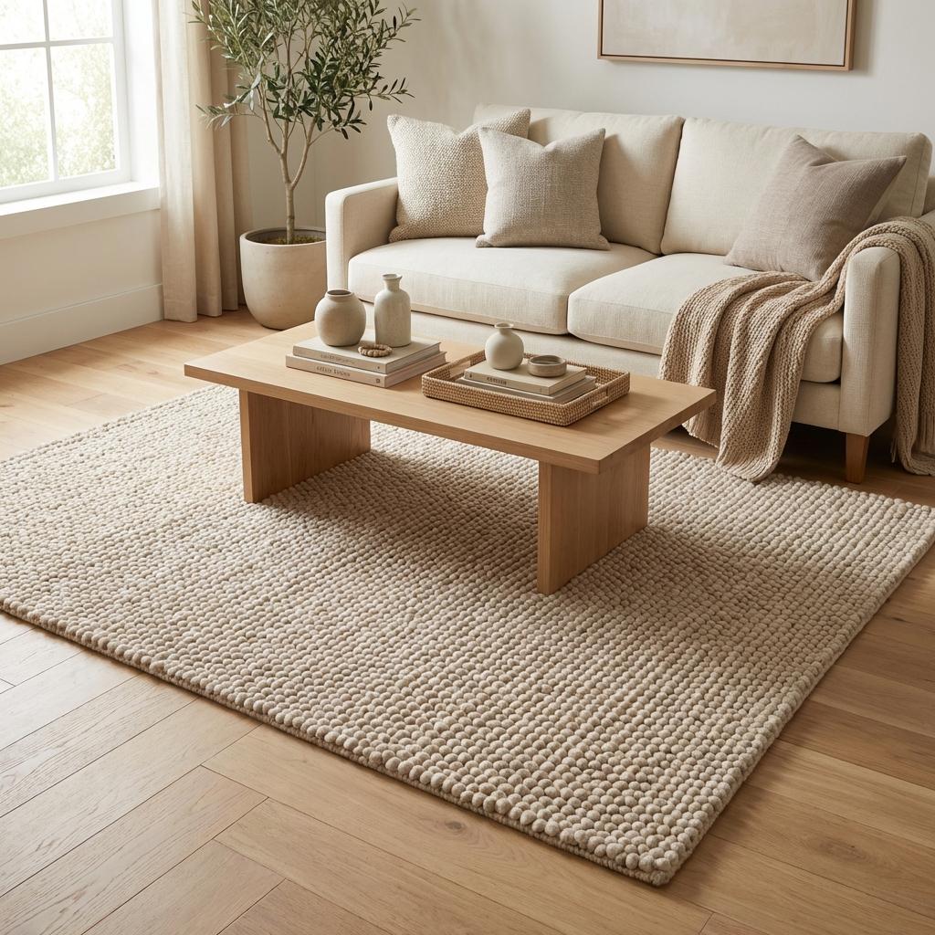 Scandinavian style chunky textured rug detail showing plush loop construction