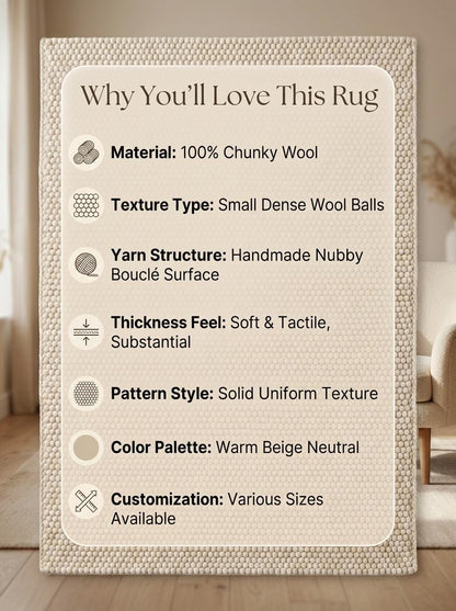 Chunky Loop Textured Rug, Cream Neutral Area Rug, Thick Handwoven Style Cozy Minimalist Floor Rug