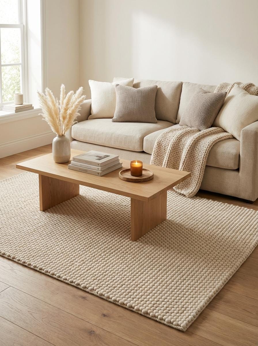 Soft chunky textured rug surface creating cozy minimalist home aesthetic