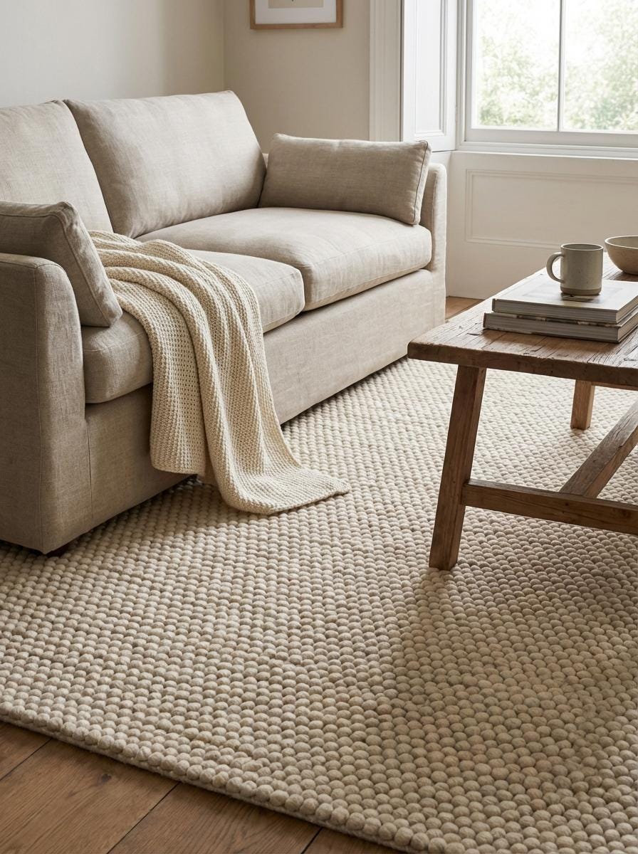 Handwoven style loop construction with thick yarn and braided border