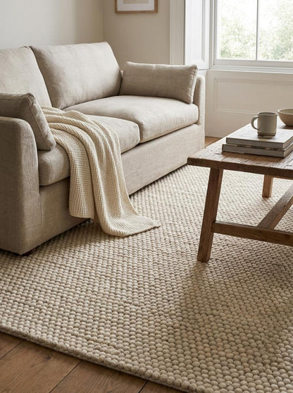Handwoven style loop construction with thick yarn and braided border