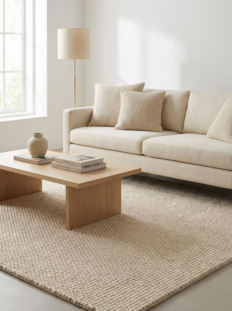 Chunky Loop Textured Rug, Cream Neutral Area Rug, Thick Handwoven Style Cozy Minimalist Floor Rug