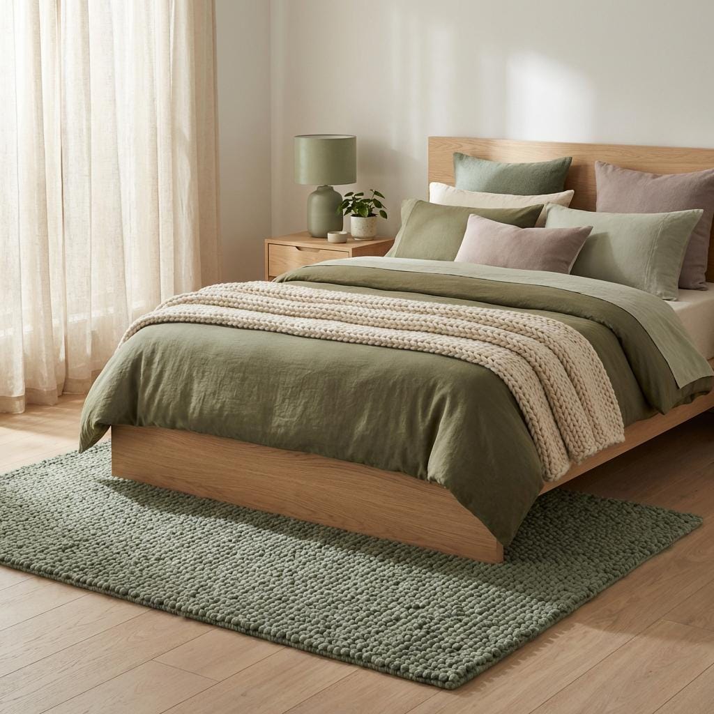 Chunky loop textured sage green rug with thick cozy minimalist organic design
