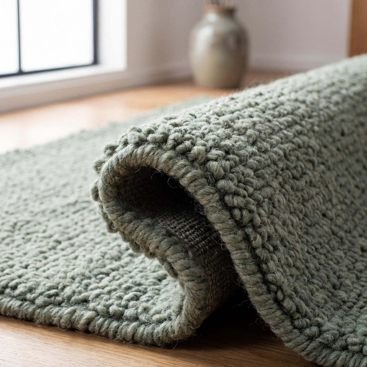 Chunky loop textured sage green rug with thick cozy minimalist organic design