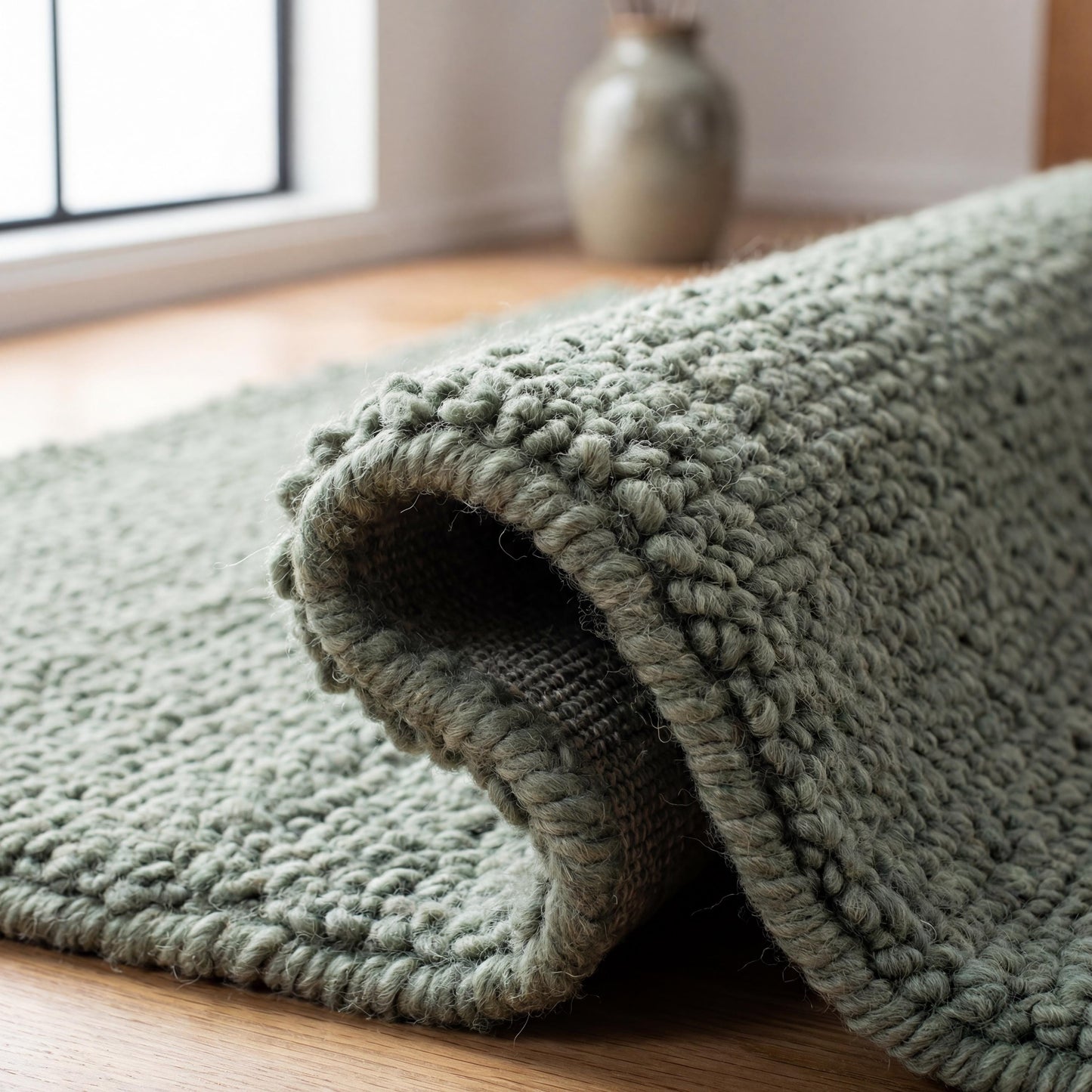 Chunky loop textured sage green rug with thick cozy minimalist organic design