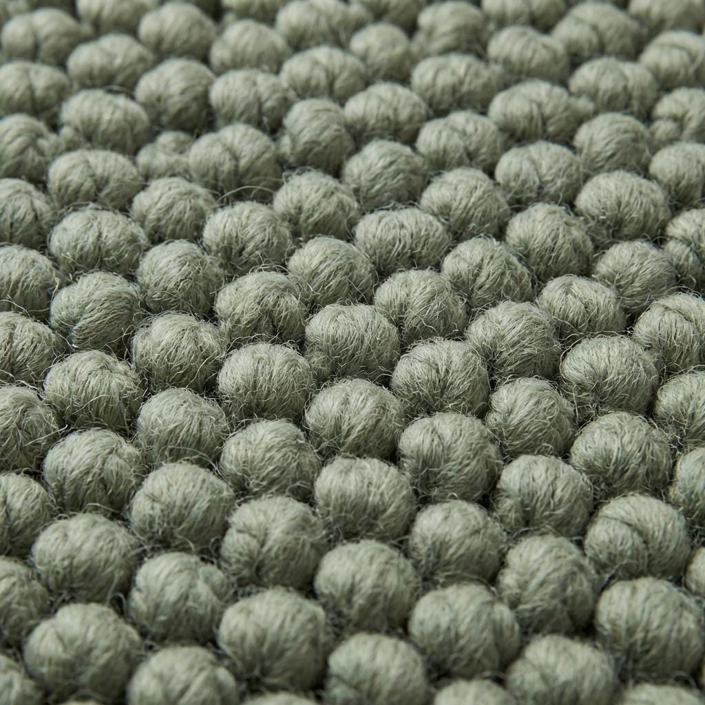 Chunky loop textured sage green rug with thick cozy loops in minimalist modern room