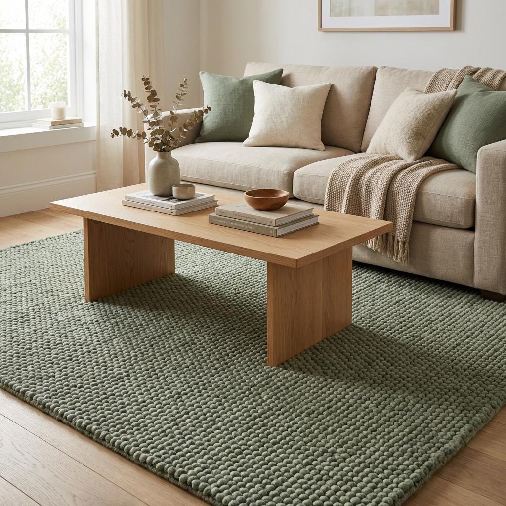 Chunky loop textured sage green rug with thick, cozy, minimalist design and soft plush surface