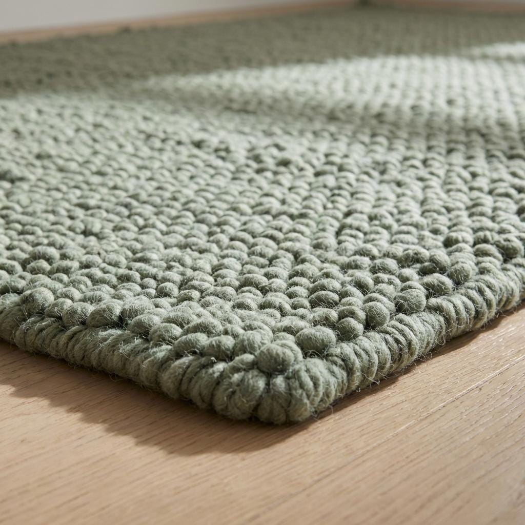 Chunky loop textured sage green rug with thick cozy woven loops for minimalist organic décor
