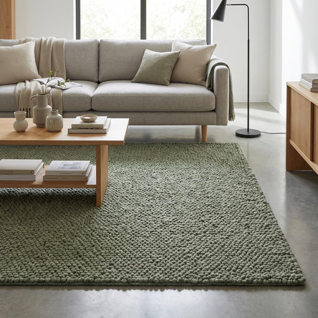 Chunky loop textured sage green rug with thick cozy organic loops for minimalist interiors