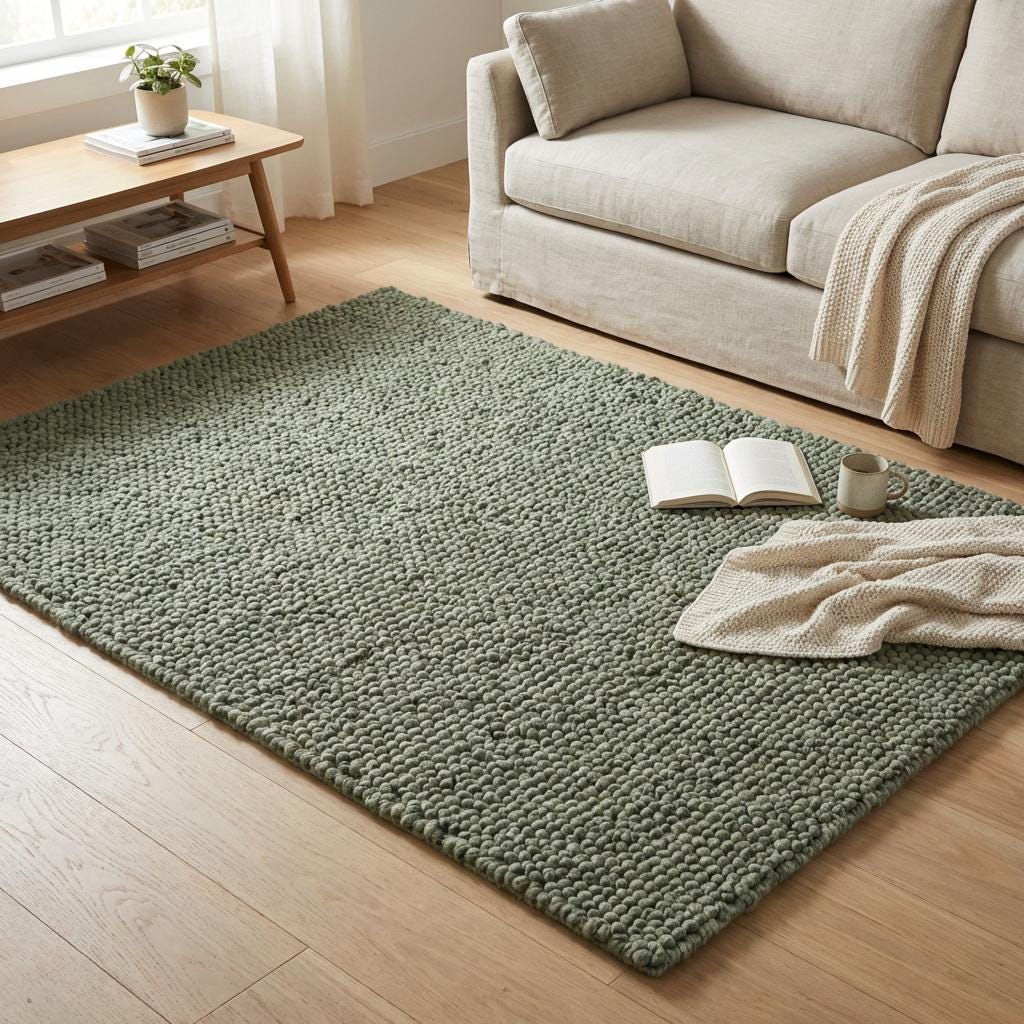 Chunky loop textured sage green rug with thick cozy loops for minimalist organic interiors