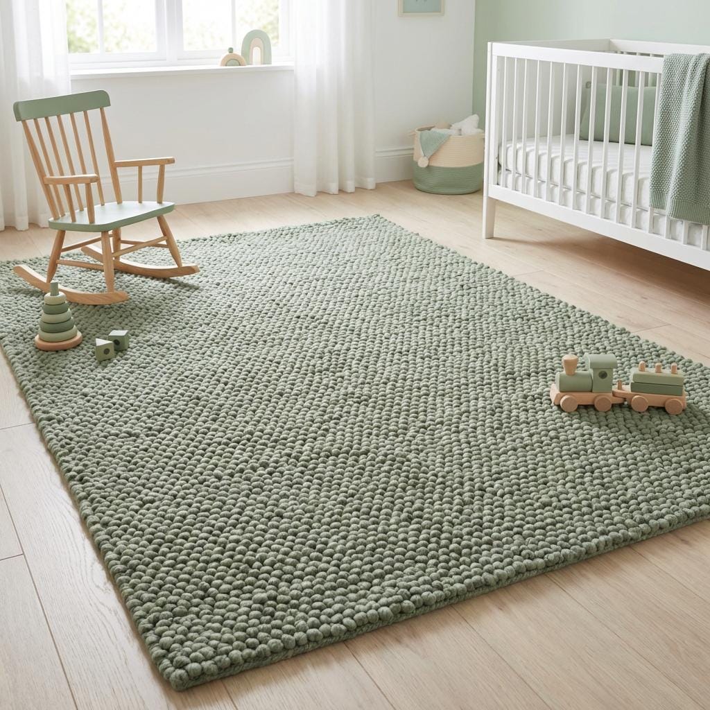 Chunky loop textured sage green rug with thick cozy loops and soft organic design for minimalist interiors