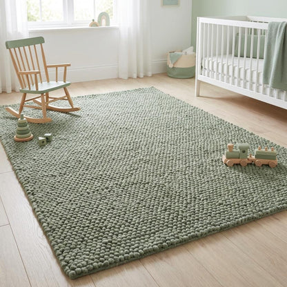 Chunky loop textured sage green rug with thick cozy loops and soft organic design for minimalist interiors