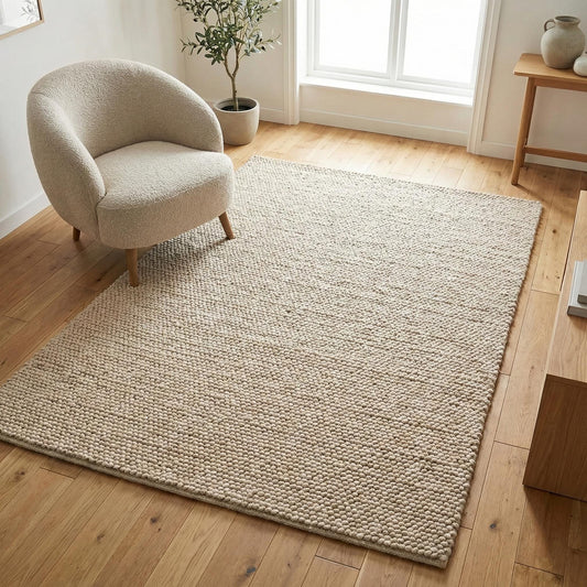 Chunky textured neutral area rug with thick cream pebble weave and cozy plush surface on light wood floor