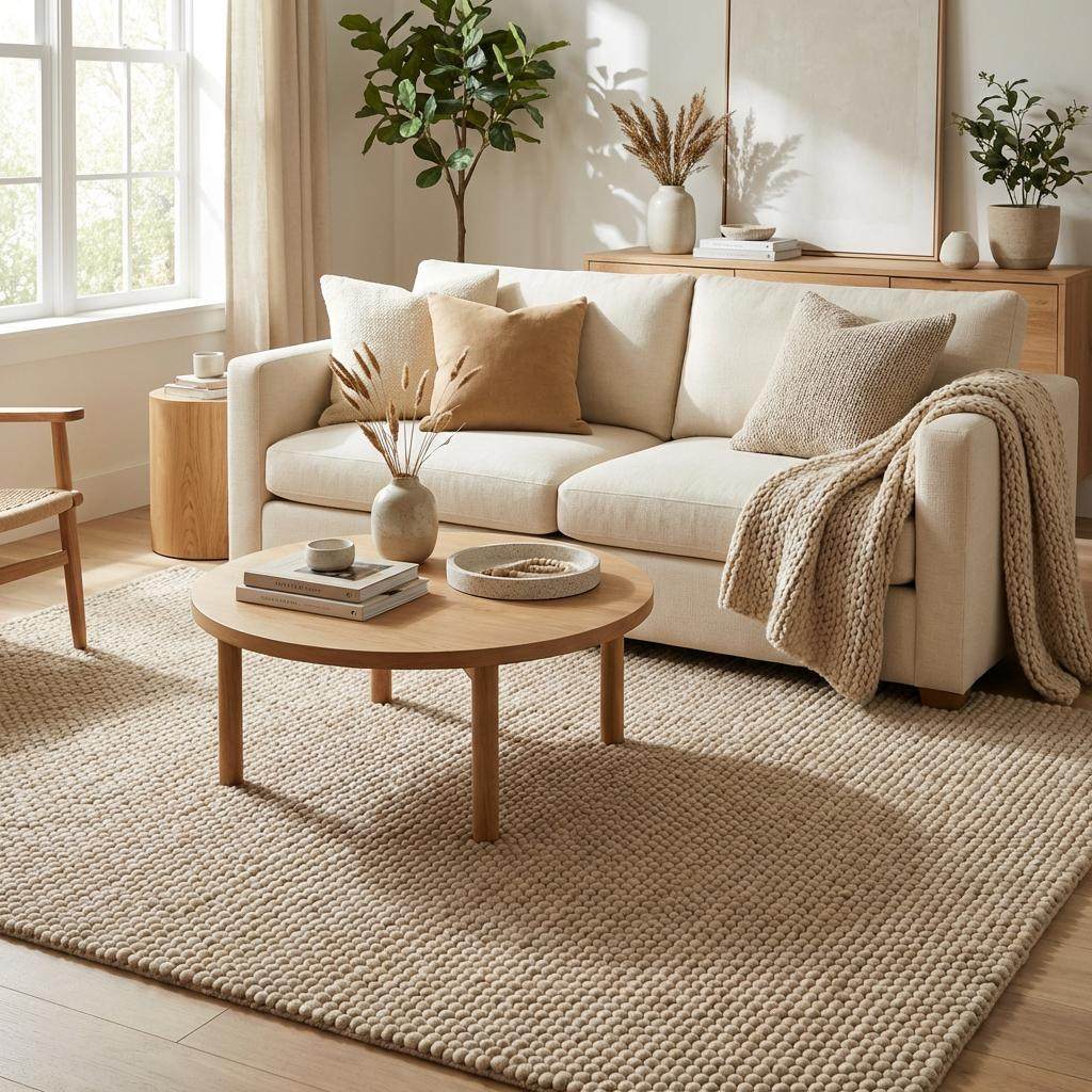Neutral textured rug placed in cozy reading nook with light wood flooring