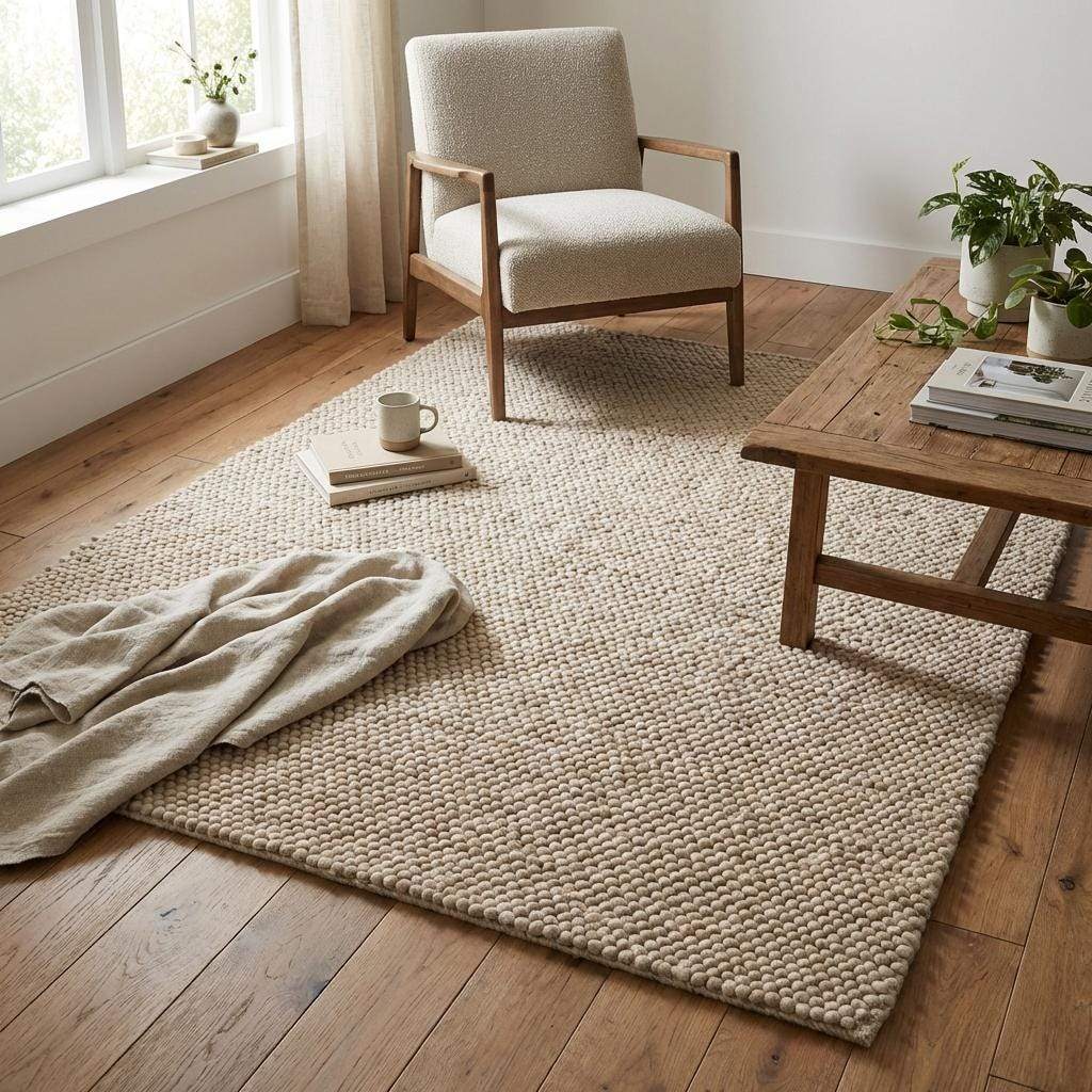 Soft neutral rug styled in serene bedroom corner with organic décor