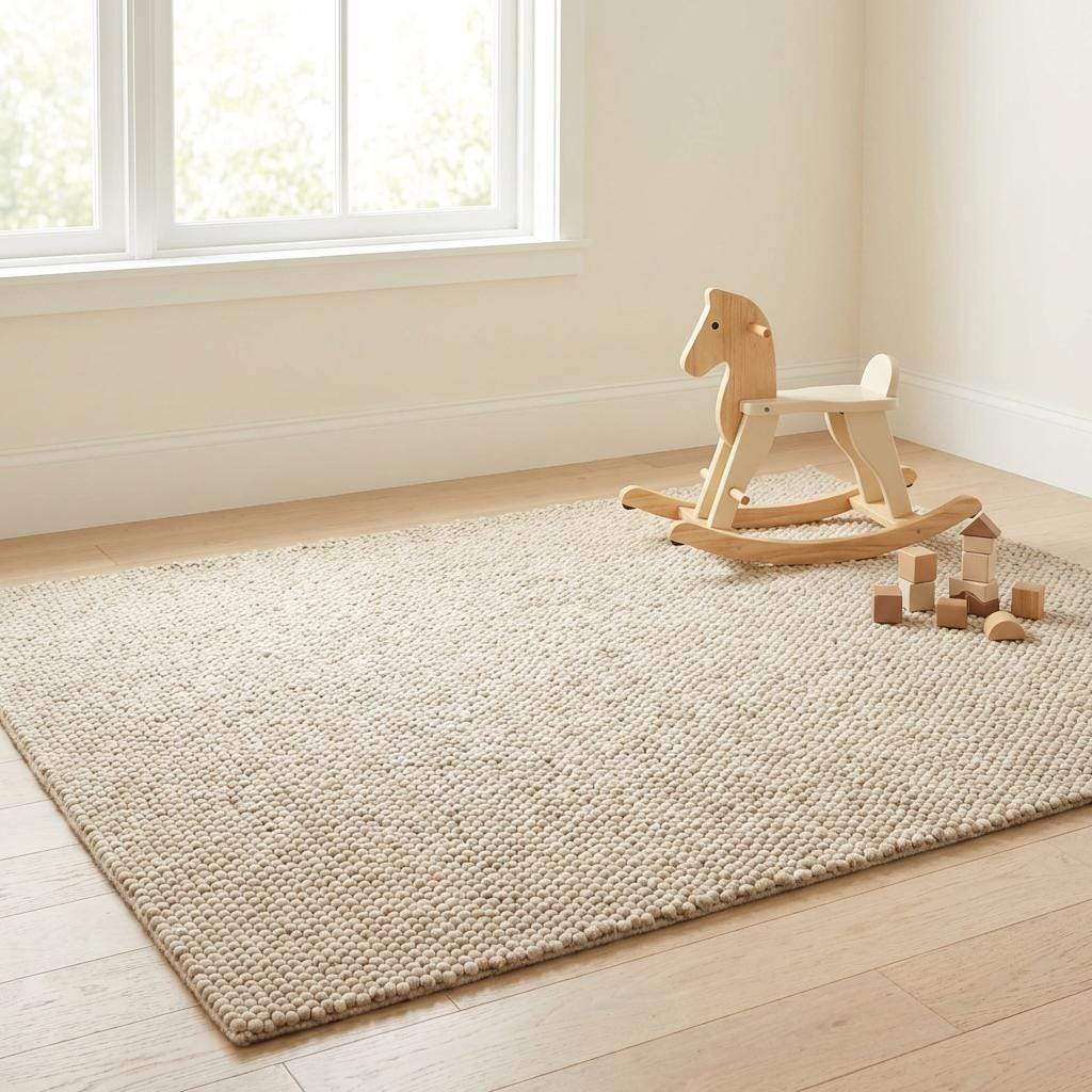 Chunky Textured Neutral Area Rug, Thick Cream Pebble Weave Cozy Floor Carpet