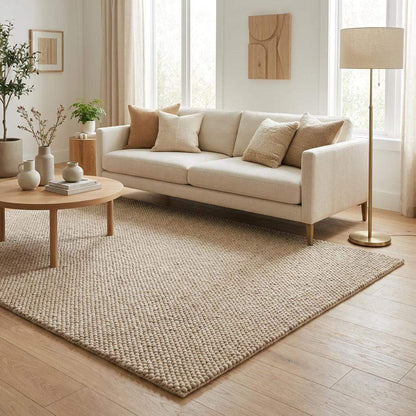 Chunky Textured Neutral Area Rug, Thick Cream Pebble Weave Cozy Floor Carpet