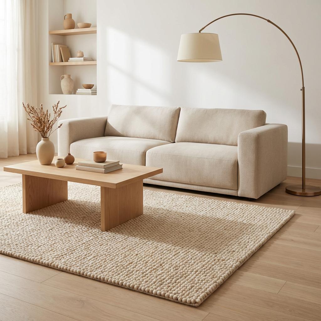 Chunky textured neutral area rug with thick looped plush surface for cozy bedroom and living room warmth