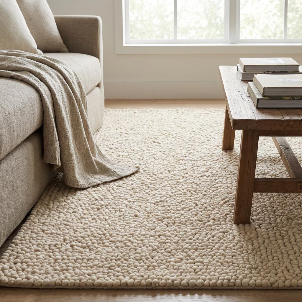 Chunky textured neutral area rug with thick looped plush surface for cozy living room and bedroom decor