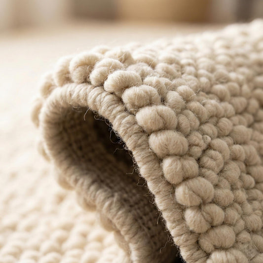 Chunky textured neutral area rug with thick looped plush surface for cozy bedroom and living room warmth