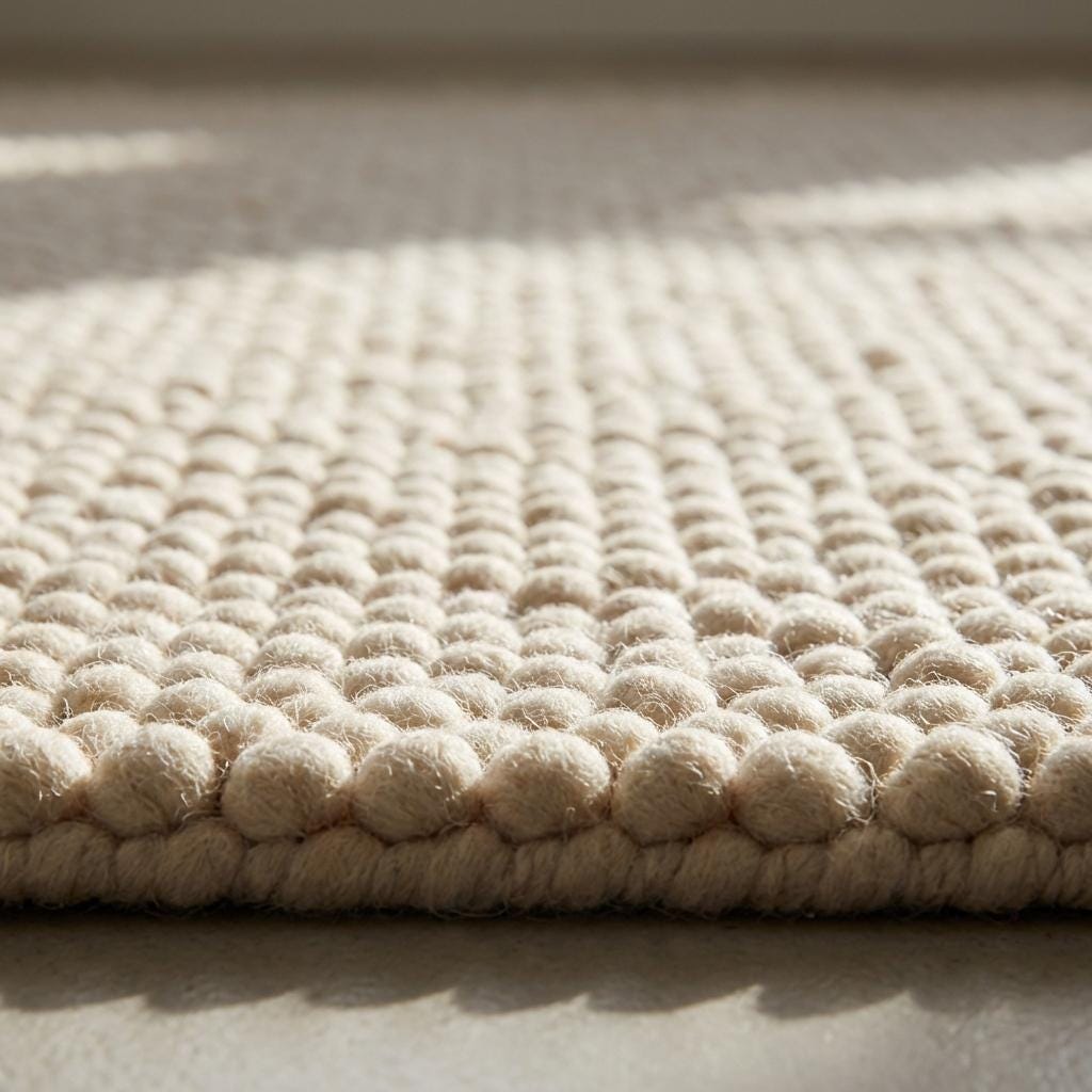 Chunky textured neutral area rug with thick looped plush surface in cozy living room setting