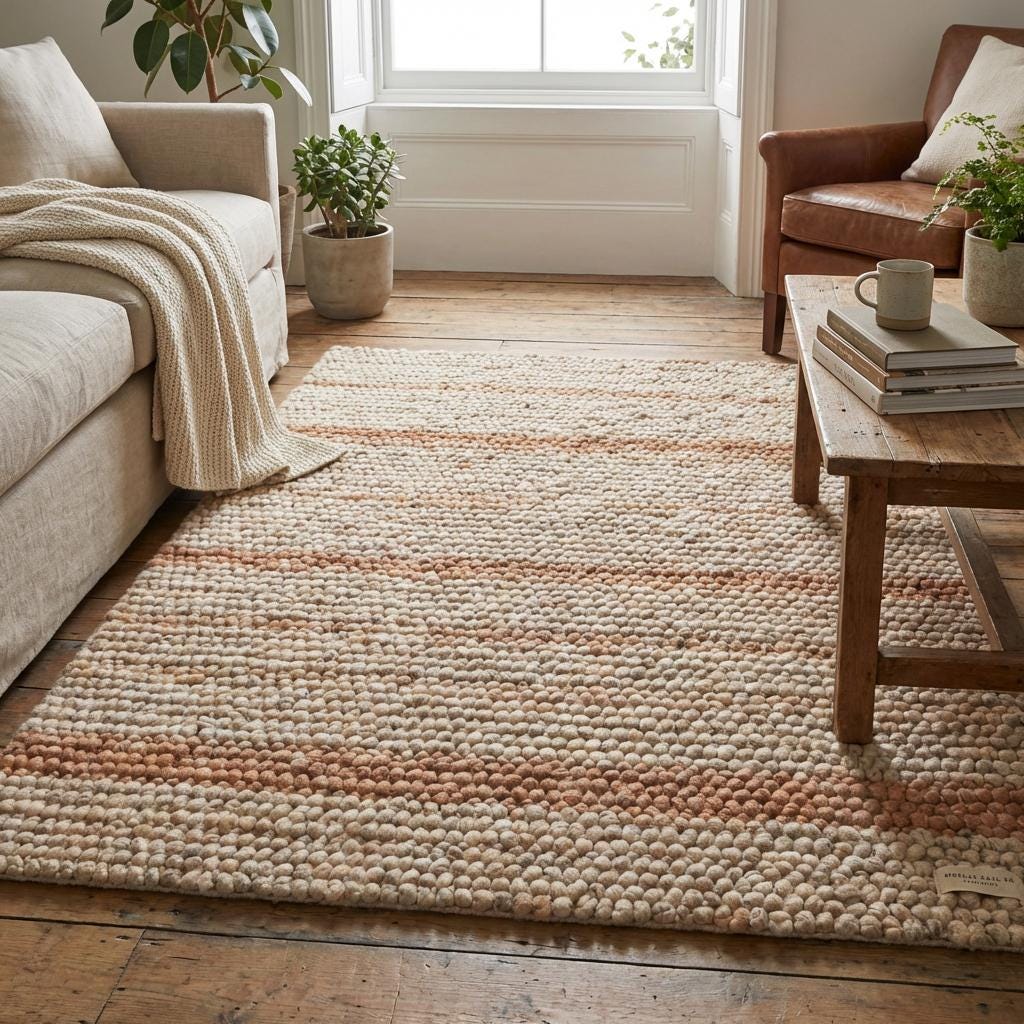 Chunky Wool Area Rug, Neutral Striped Textured Rug, Modern Organic Cozy Living Room Carpet