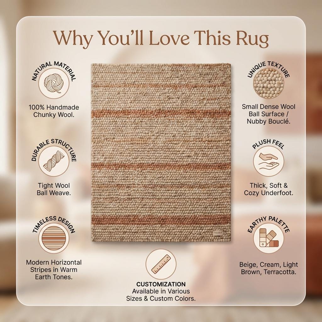 Chunky Wool Area Rug, Neutral Striped Textured Rug, Modern Organic Cozy Living Room Carpet