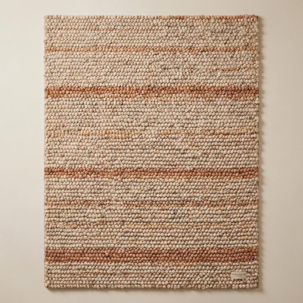 Top-down view of dense chunky wool rug with cream and rust toned striping