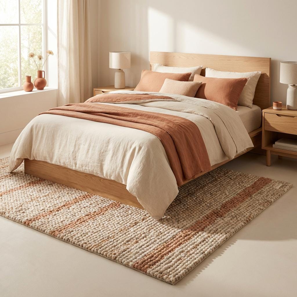 Neutral textured wool rug styled in minimalist bedroom with warm wood accents