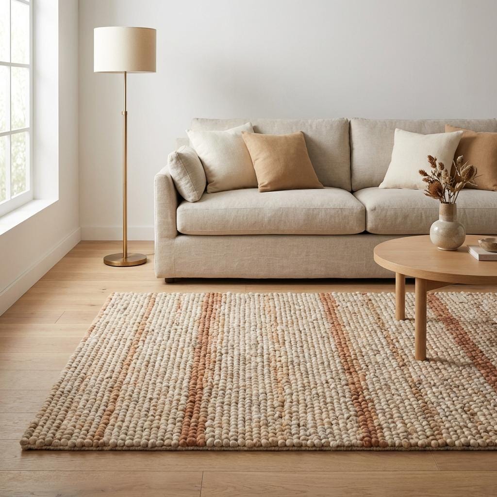 Chunky Wool Area Rug, Neutral Striped Textured Rug, Modern Organic Cozy Living Room Carpet