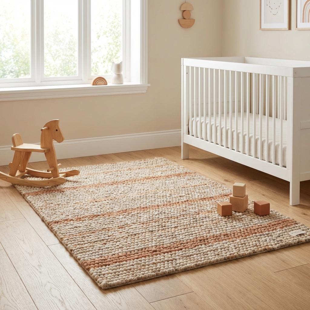 Chunky Wool Area Rug, Neutral Striped Textured Rug, Modern Organic Cozy Living Room Carpet