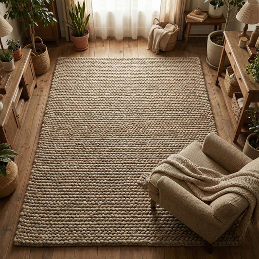 Chunky wool area rug with thick braided texture in neutral beige for cozy living rooms