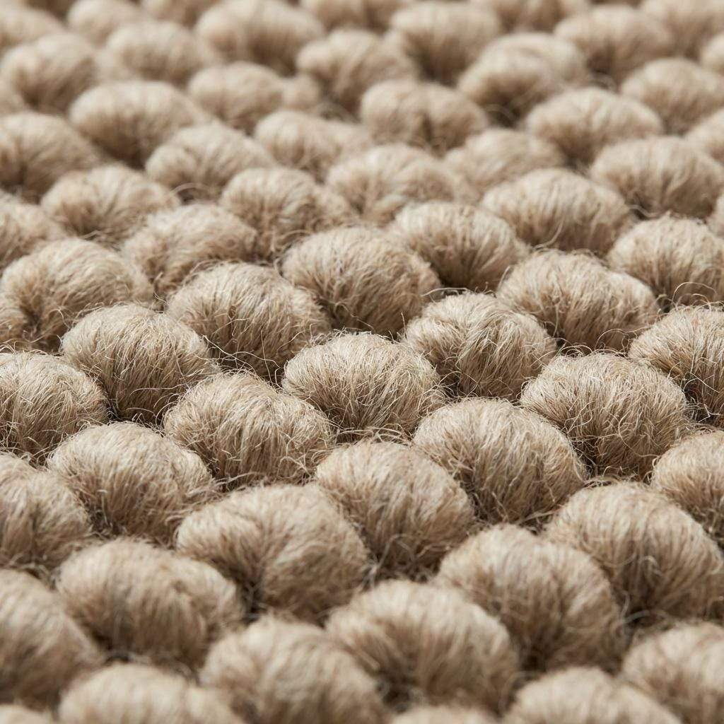 Chunky wool area rug with thick, braided neutral beige texture in living room.